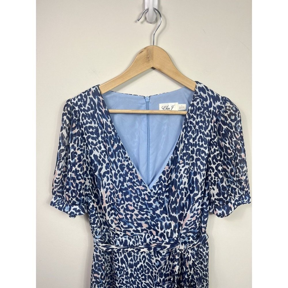 Eliza J Womens Dress Size 8 Blue Faux Neck Puff Sleeve Leopard Print - Picture 2 of 9